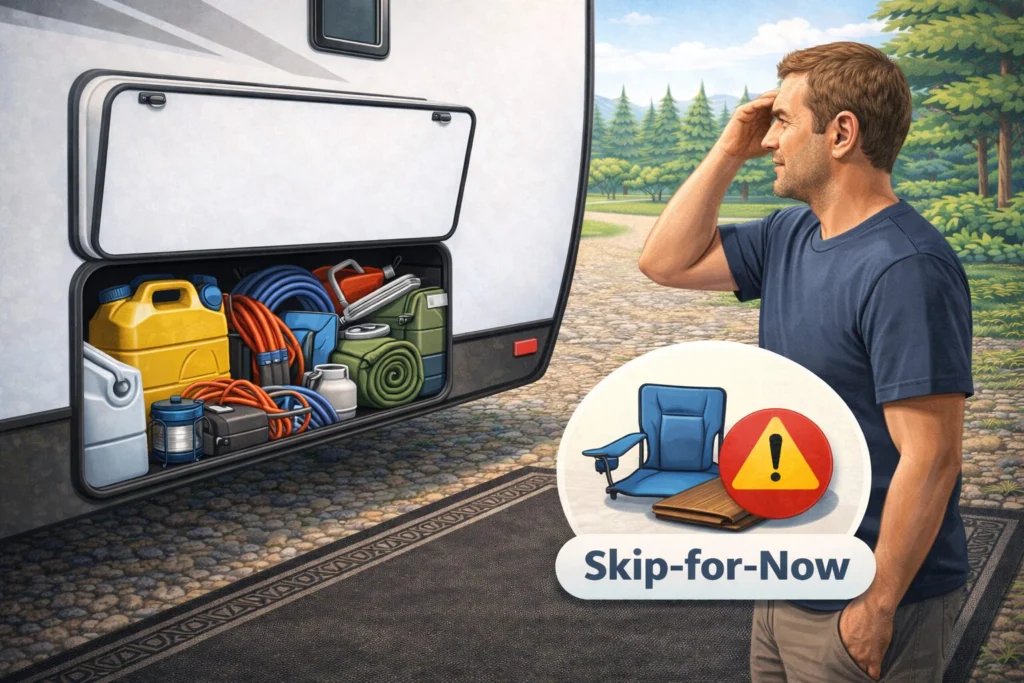 Skip-for-now RV starter essentials showing unused camping gear stored away to avoid overspending