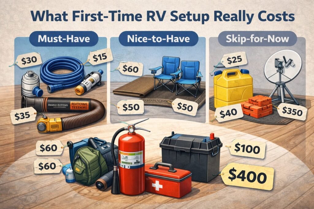 What first-time RV setup really costs showing essential gear purchases without overspending