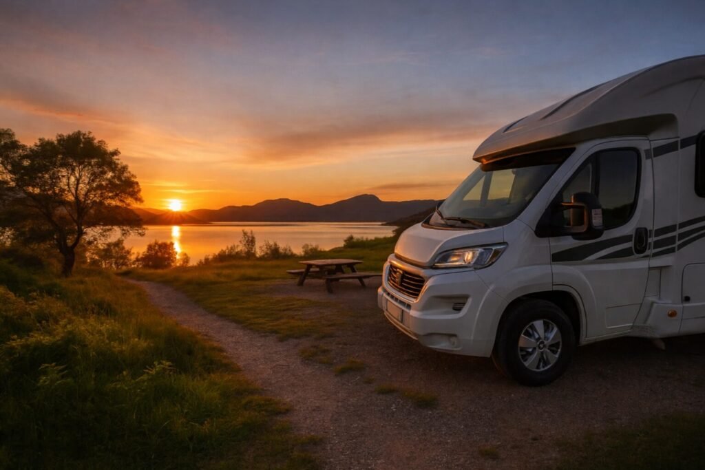 Buying an RV , Rv at sunset by lake
