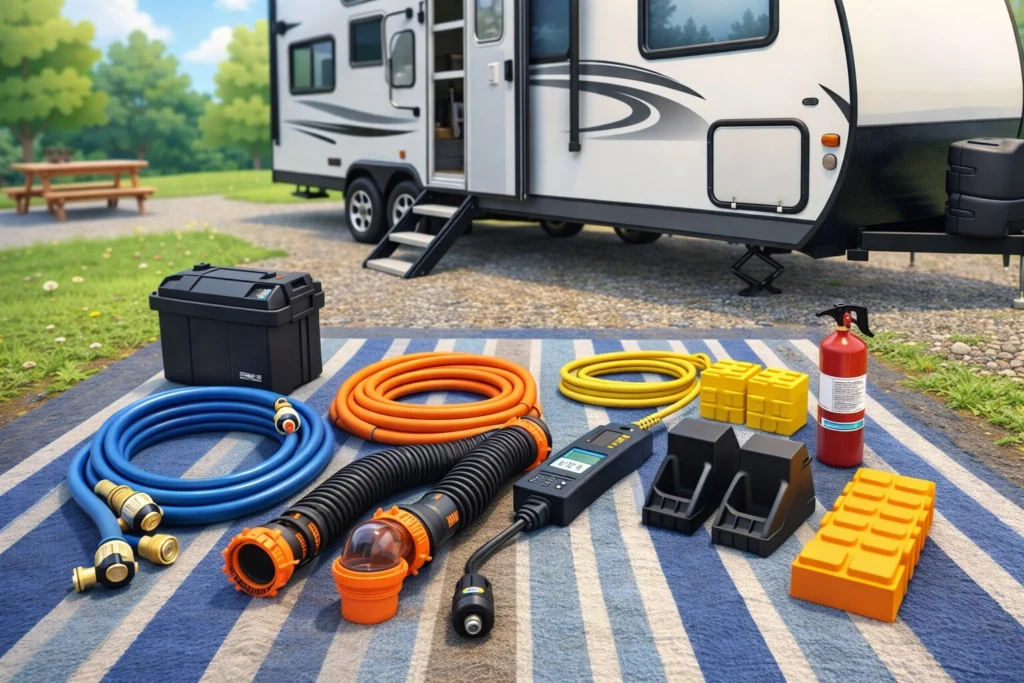 RV starter essentials for first-time RV setup including water, sewer, power, and safety gear