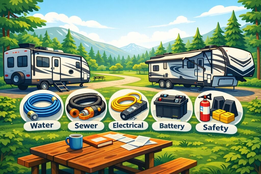 RV starter essentials for first-time RV owners showing water, sewer, electrical, and safety equipment at a campground