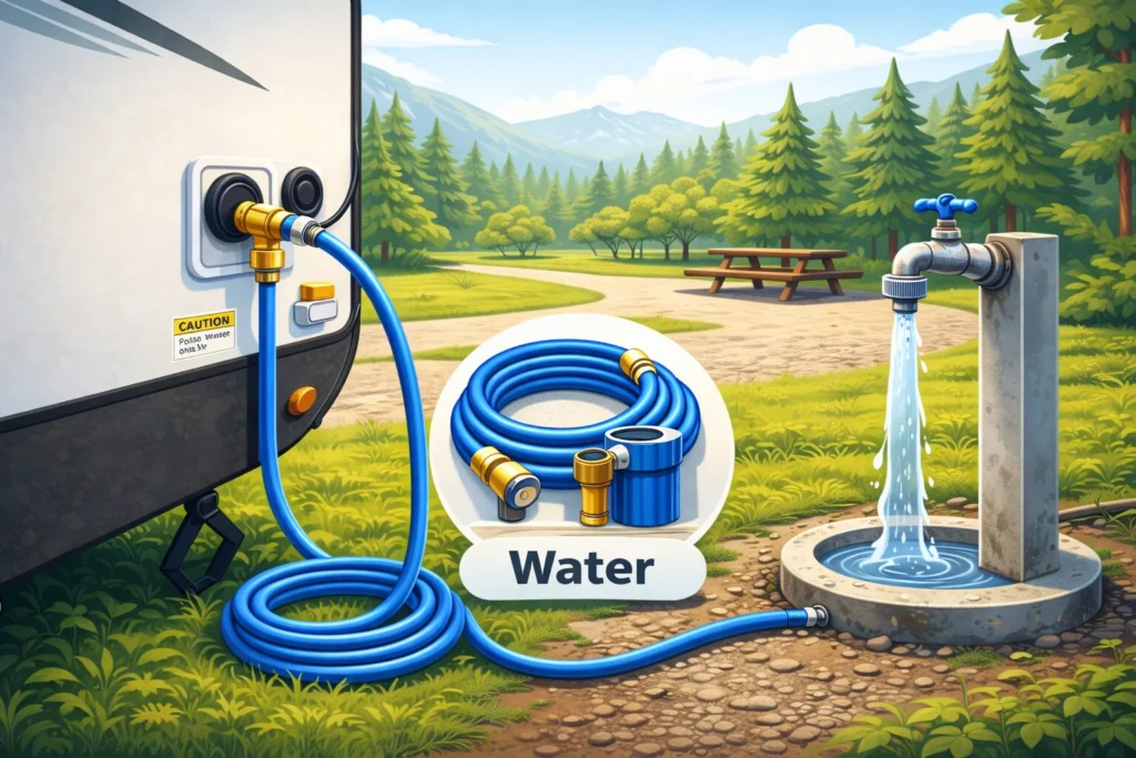 RV water connection starter essentials showing a blue drinking water hose connected to an RV, campground spigot, brass fittings, and inline water filter setup at a campsite
