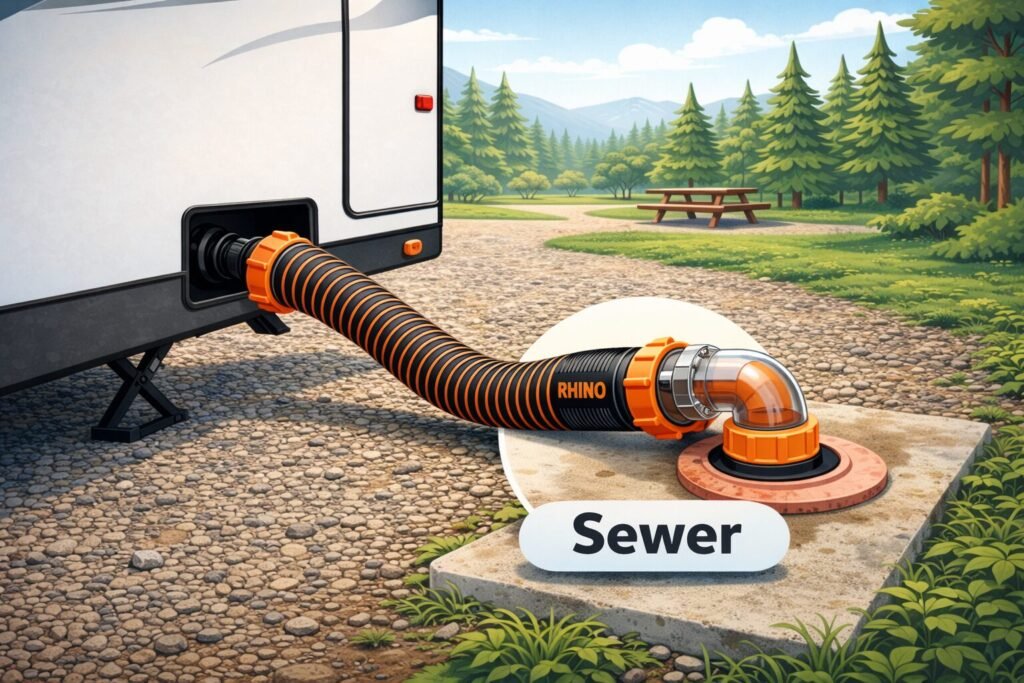 RV sewer connection starter essentials showing an orange RV sewer hose connected from a travel trailer to a campground sewer inlet with a clear elbow fitting