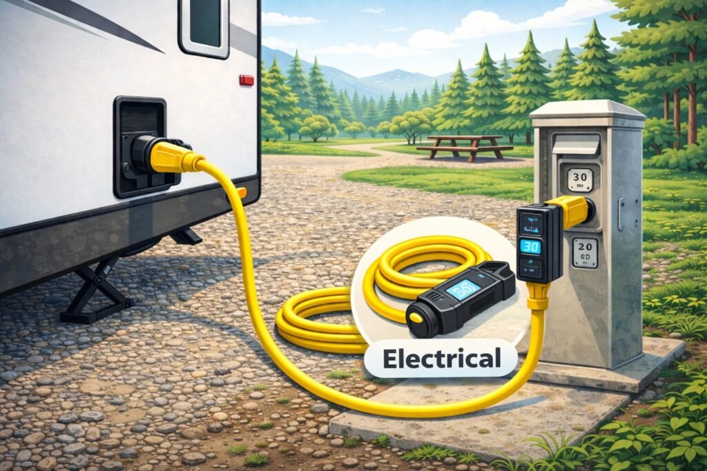 RV electrical hookup showing 30-amp power cord, surge protector, and campground pedestal as part of RV starter essentials setup