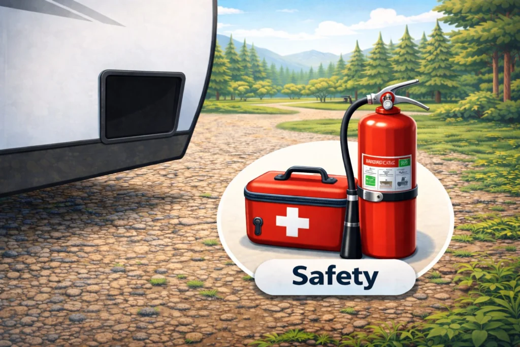 RV safety starter essentials showing a fire extinguisher and first aid kit stored inside an RV camper