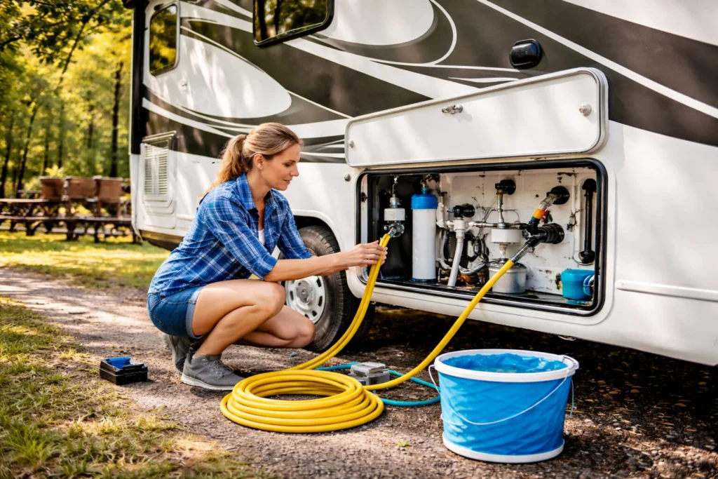 RV Water System Essentials: What Every RV Owner Should Know 6 Woman inspecting RV water system connection with yellow drinking water hose attached before trip, performing pre-departure RV water system check at campsite, travel trailer exterior high detail