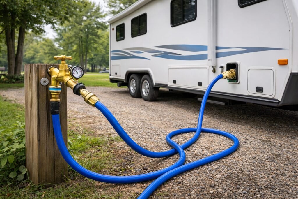 RV water system city water hookup with blue potable hose and brass pressure regulator connected to travel trailer.