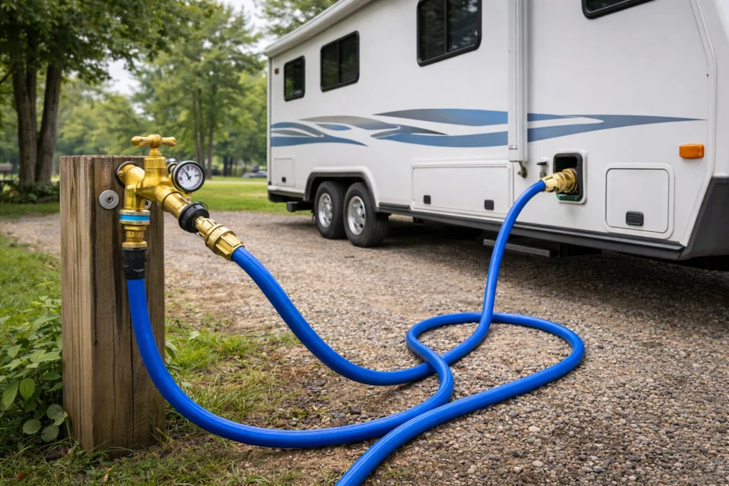 RV Water System Essentials: What Every RV Owner Should Know 1 RV water system city water hookup with blue potable hose and brass pressure regulator connected to travel trailer.
