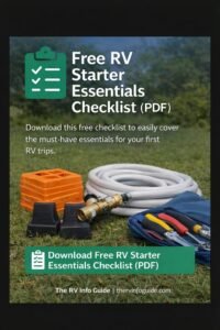 RV starter essentials laid out on grass including drinking water hose, water pressure regulator, leveling blocks, wheel chocks, and basic tool kit for first-time RV owners