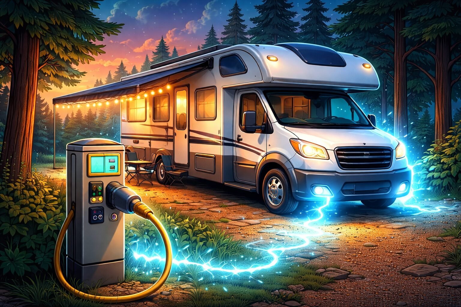 RV electrical system powering a motorhome at campground pedestal with glowing shore power connection