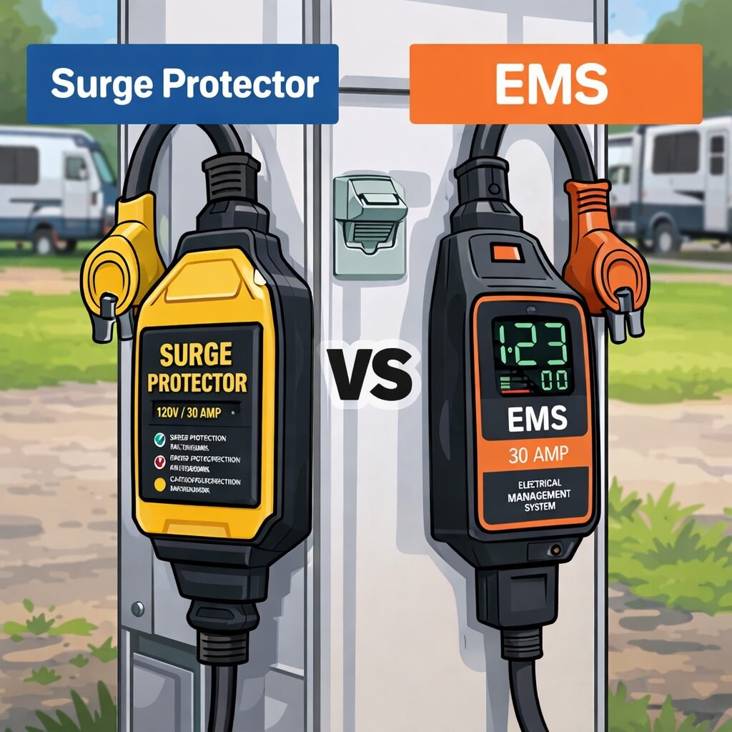 RV surge protector vs EMS power protection device connected to campground pedestal