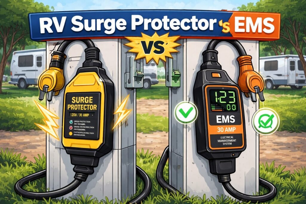 RV surge protector VS ems plugged into campground power pedestal protecting a travel trailer
