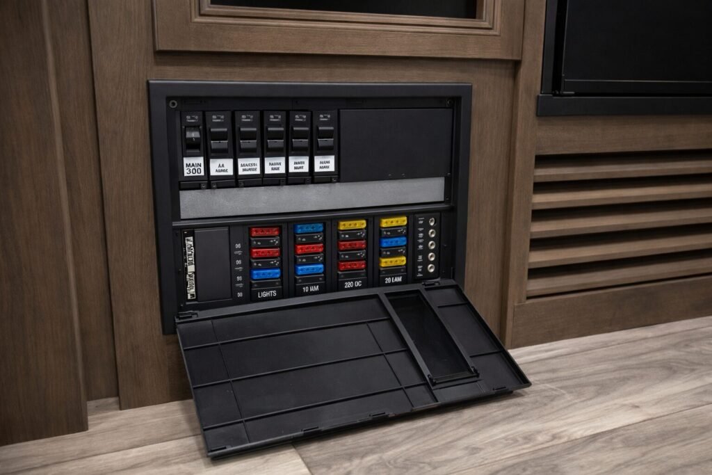 RV electrical breaker panel inside travel trailer cabinet showing 120V main 30 amp breaker and branch breakers on top with 12V DC blade fuse panel below