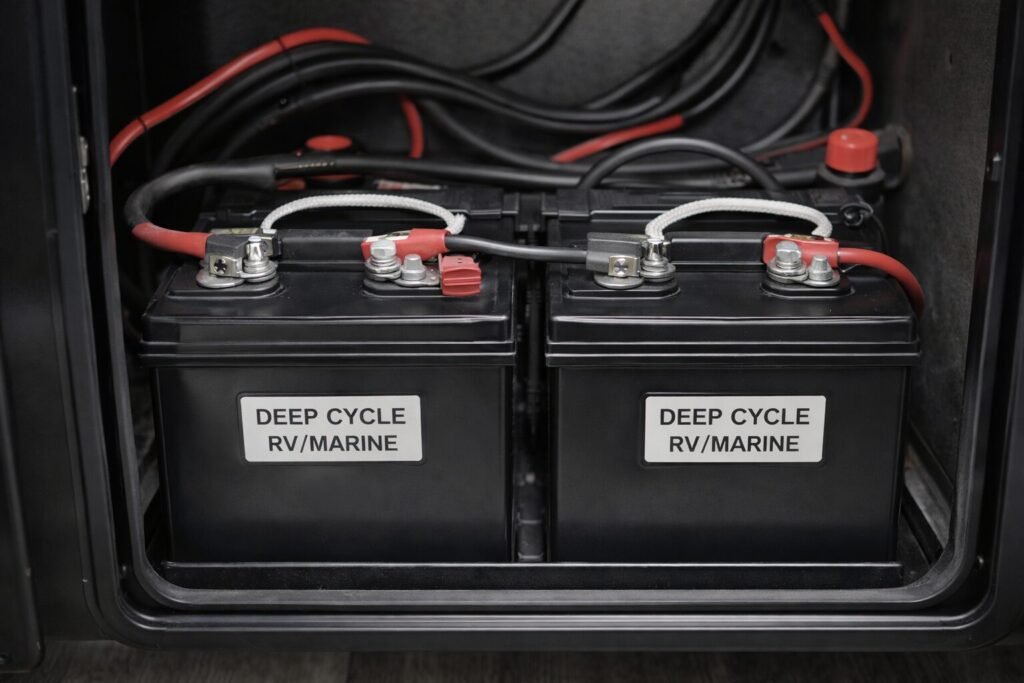 Pair of 12-volt deep cycle RV house batteries wired in parallel inside travel trailer battery compartment for 12V DC power system.