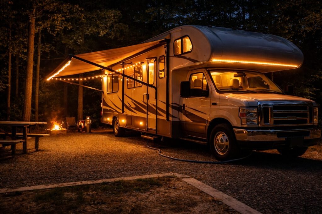 RV electrical system powering a motorhome at campground pedestal with glowing shore power connection