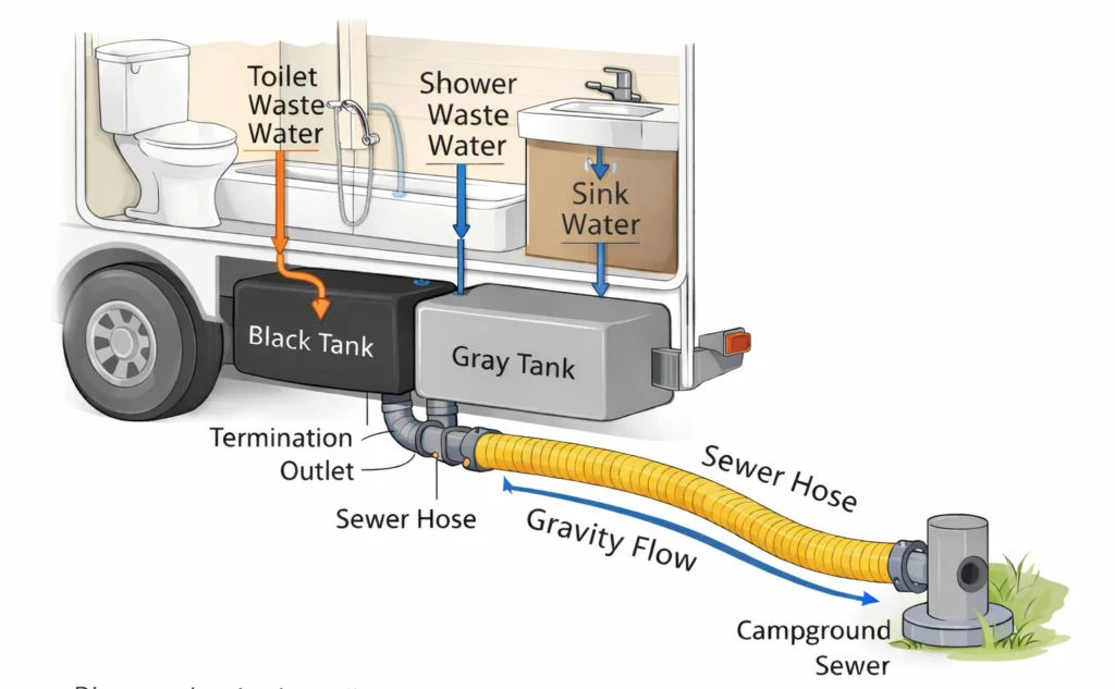 RV sewer system diagram showing how the toilet drains to the black tank and the sink and shower drain to the gray tank