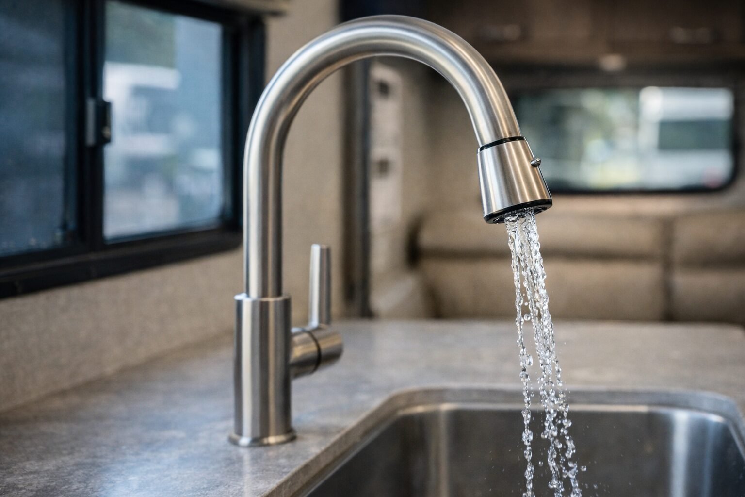 RV water system showing clean, sparkling water flowing from an RV kitchen faucet