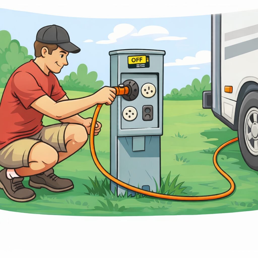 RV campsite hookup guide: RVer plugging a power cord into a campground electrical pedestal.
