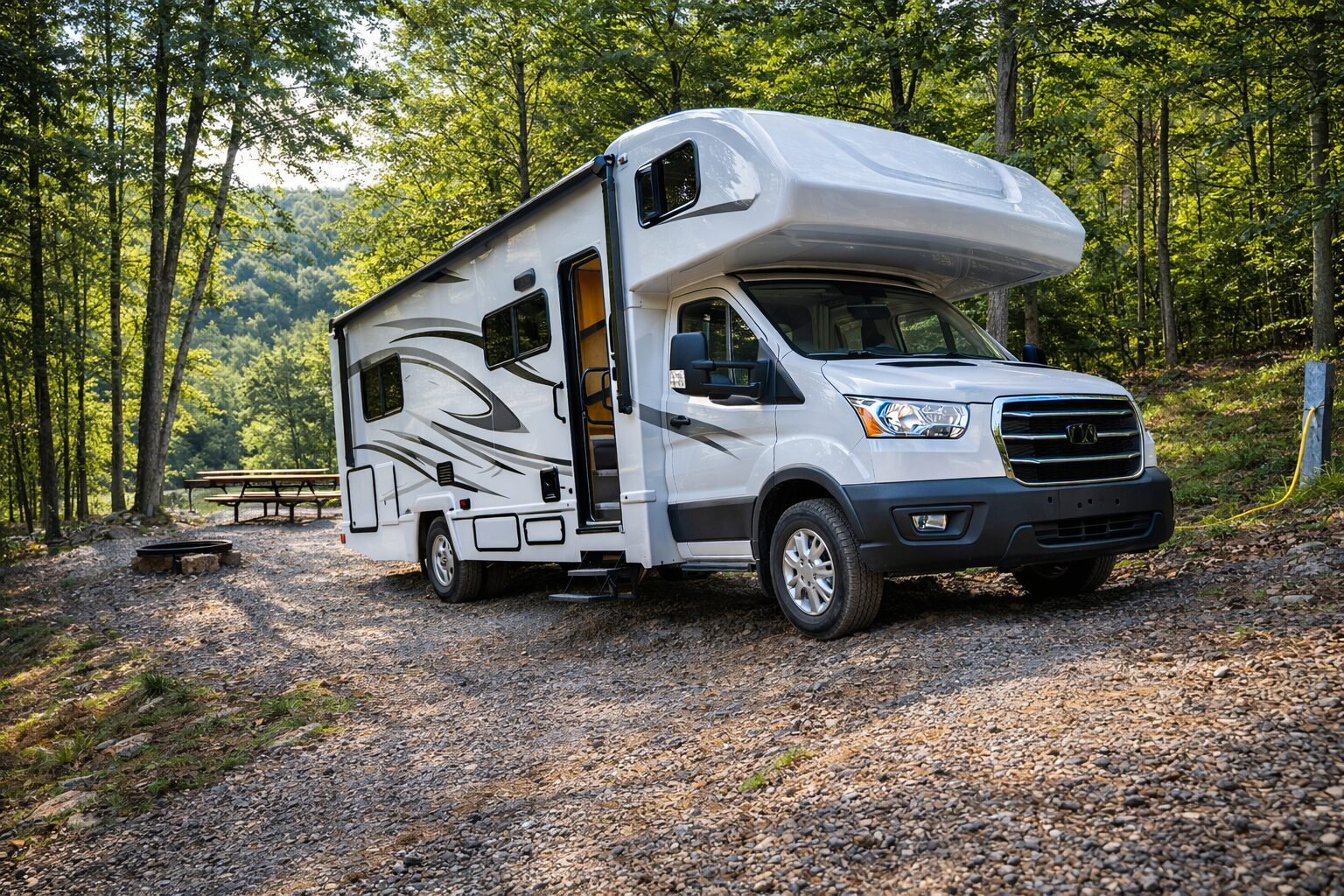 how to level an RV at a campsite, Modern Class C RV parked at a sloped campsite with the motorhome sitting at a bad angle, showing the need for leveling blocks at campgrounds.