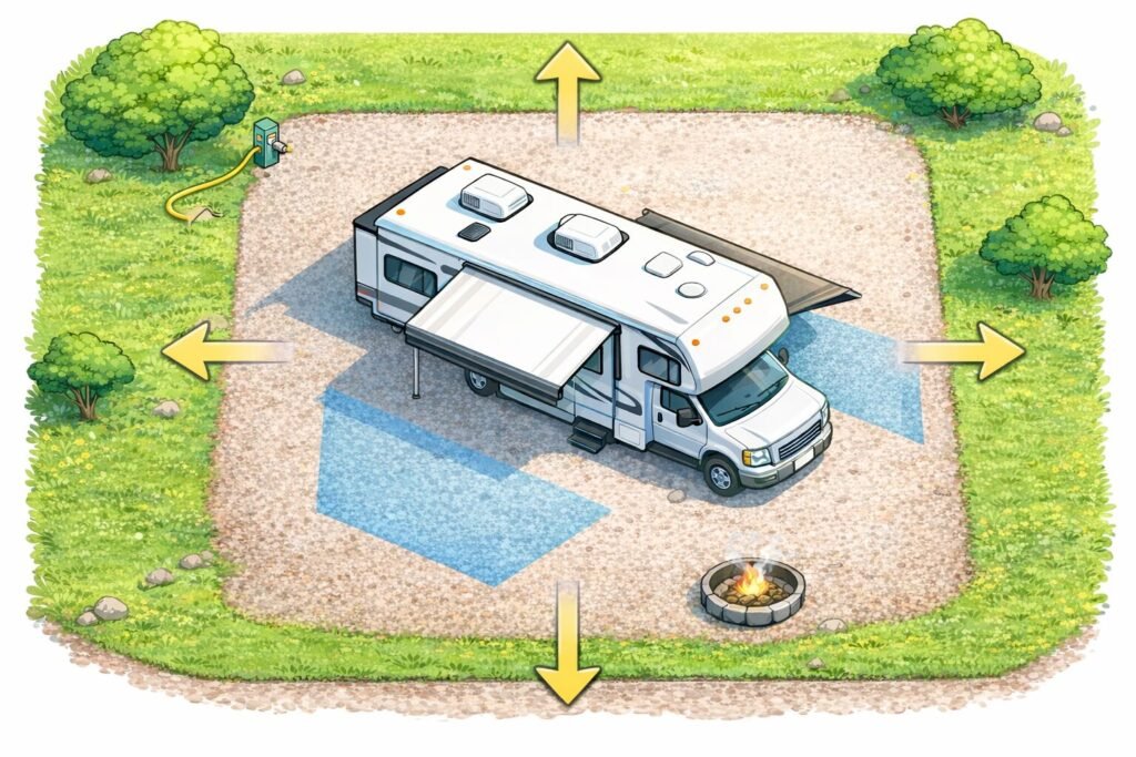 Top-down illustration of a white travel trailer on grass with arrows showing directions for how to level an RV at a campsite, simple RV leveling diagram with arrows pointing up, down, left, and right