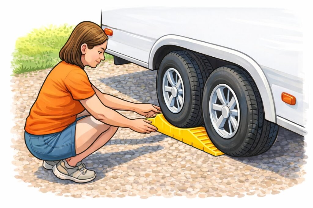 Cartoon illustration of a woman placing a curved yellow RV leveling ramp under the rear tire of a dual-axle travel trailer so the RV can back onto it to level the campsite.