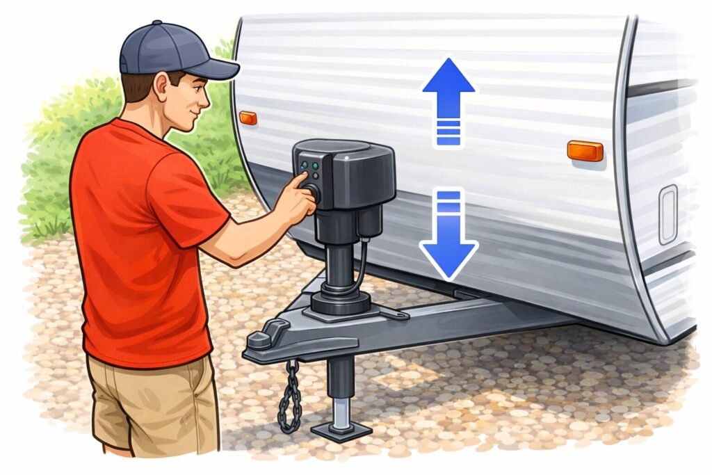 Cartoon illustration of a man using the power tongue jack to level a travel trailer front to back at a campsite, with up and down arrows showing RV leveling direction.