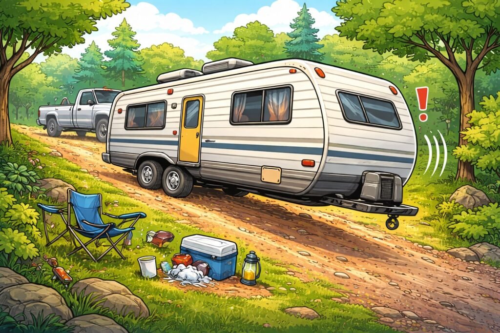 Cartoon illustration of a travel trailer on a sloped campsite demonstrating why RV wheel chocks are important to prevent an RV from rolling at a campground.