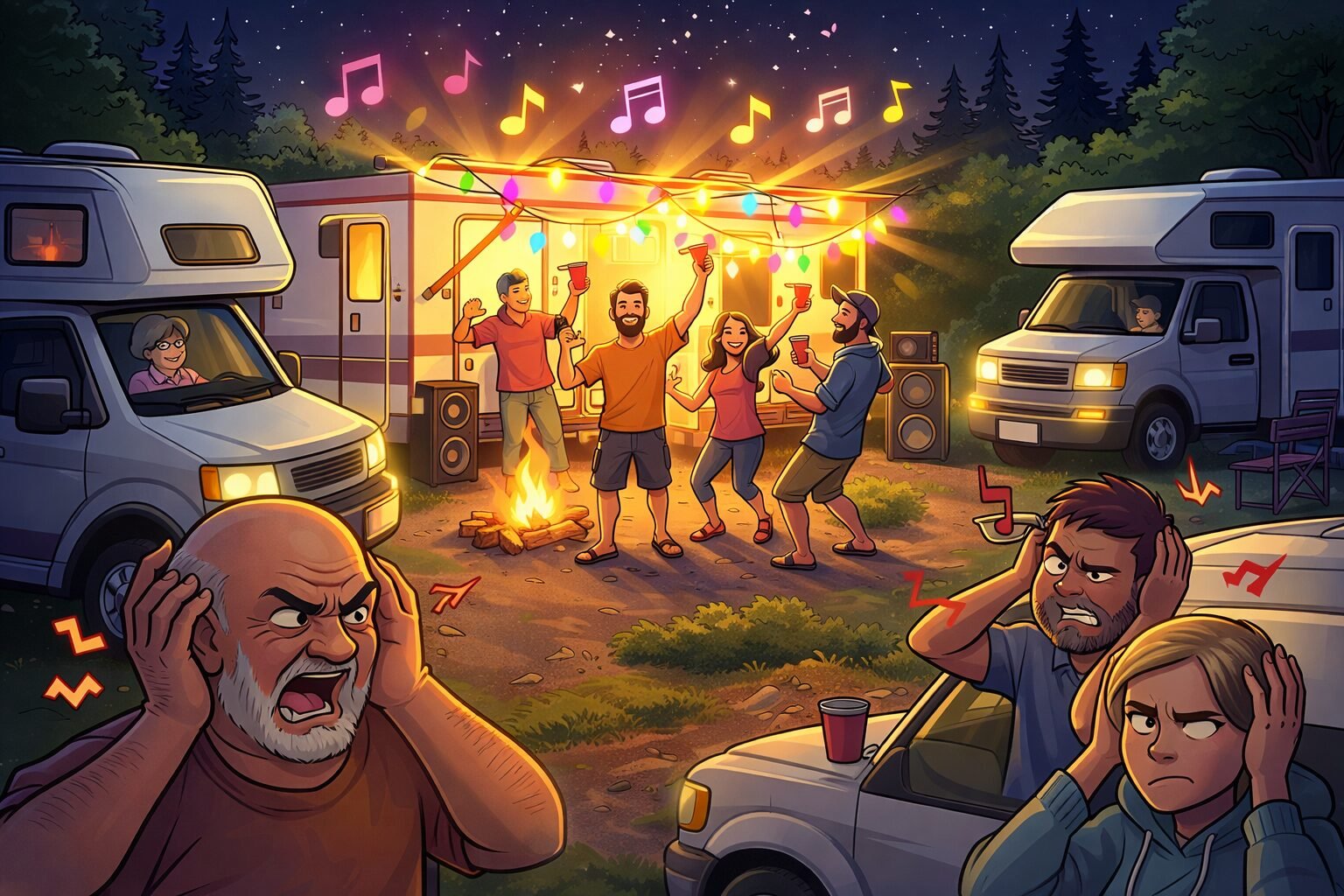 Cartoon illustration of a noisy RV campsite with bright lights and loud music while nearby campers look annoyed, showing poor RV camping etiquette.