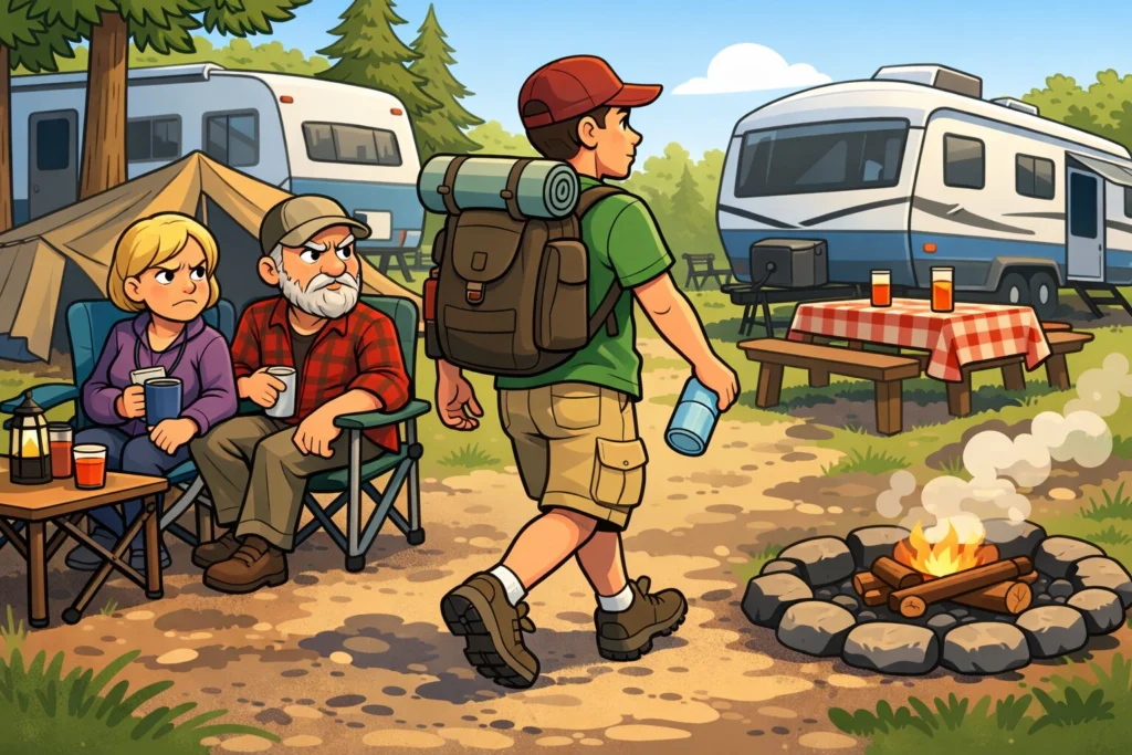 camper walking through neighboring campsite while campers sitting outside look annoyed rv camping etiquette mistake