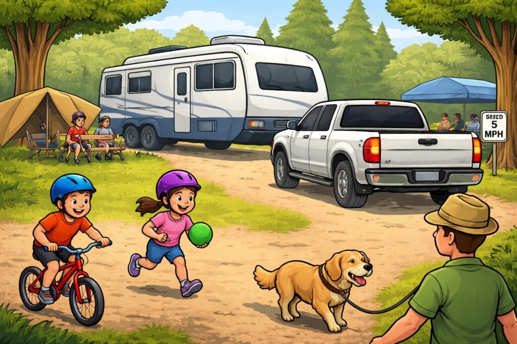 pickup truck driving through campground near kids and pets showing importance of campground speed limits