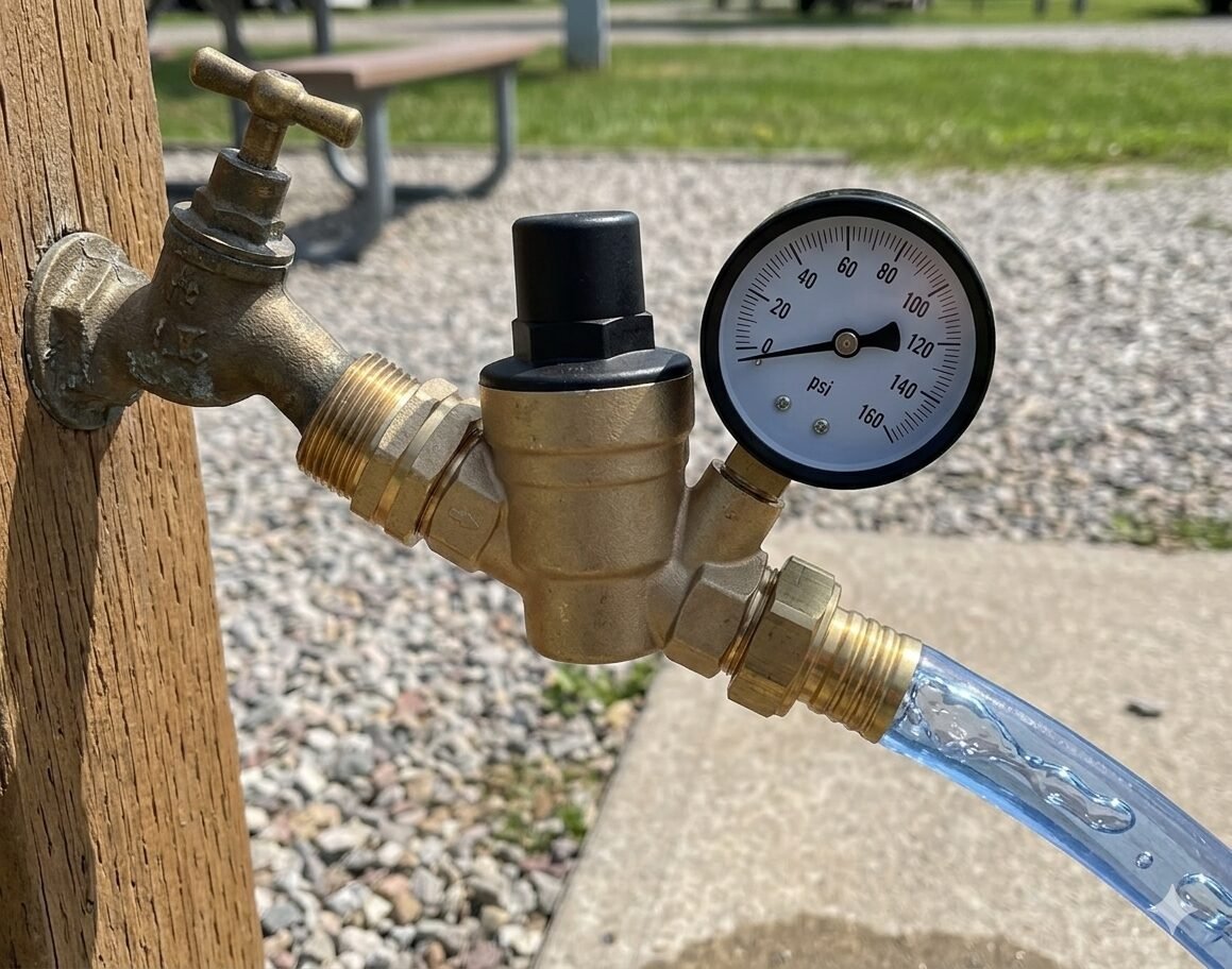 A high-detail, realistic brass water pressure regulator with a black adjustment cap and a circular pressure gauge. It is screwed directly onto a vintage-style brass outdoor spigot mounted on a weathered wooden post. A transparent blue hose is attached to the outlet, showing water flowing through it against a blurred campground Best RV Water Pressure Regulators