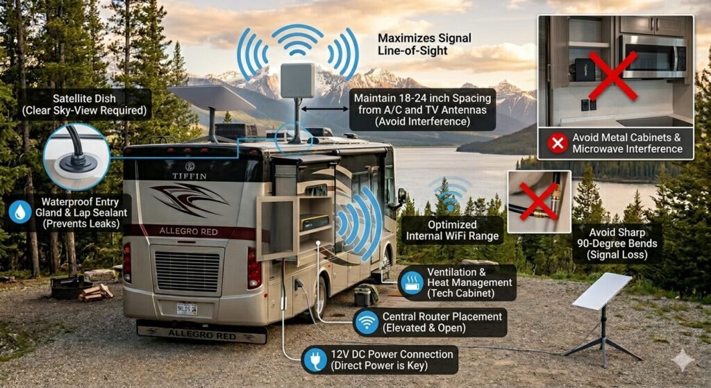 Infographic of a professional RV internet system installation showing roof-mounted MIMO antennas, Starlink satellite placement, and internal router cable routing.