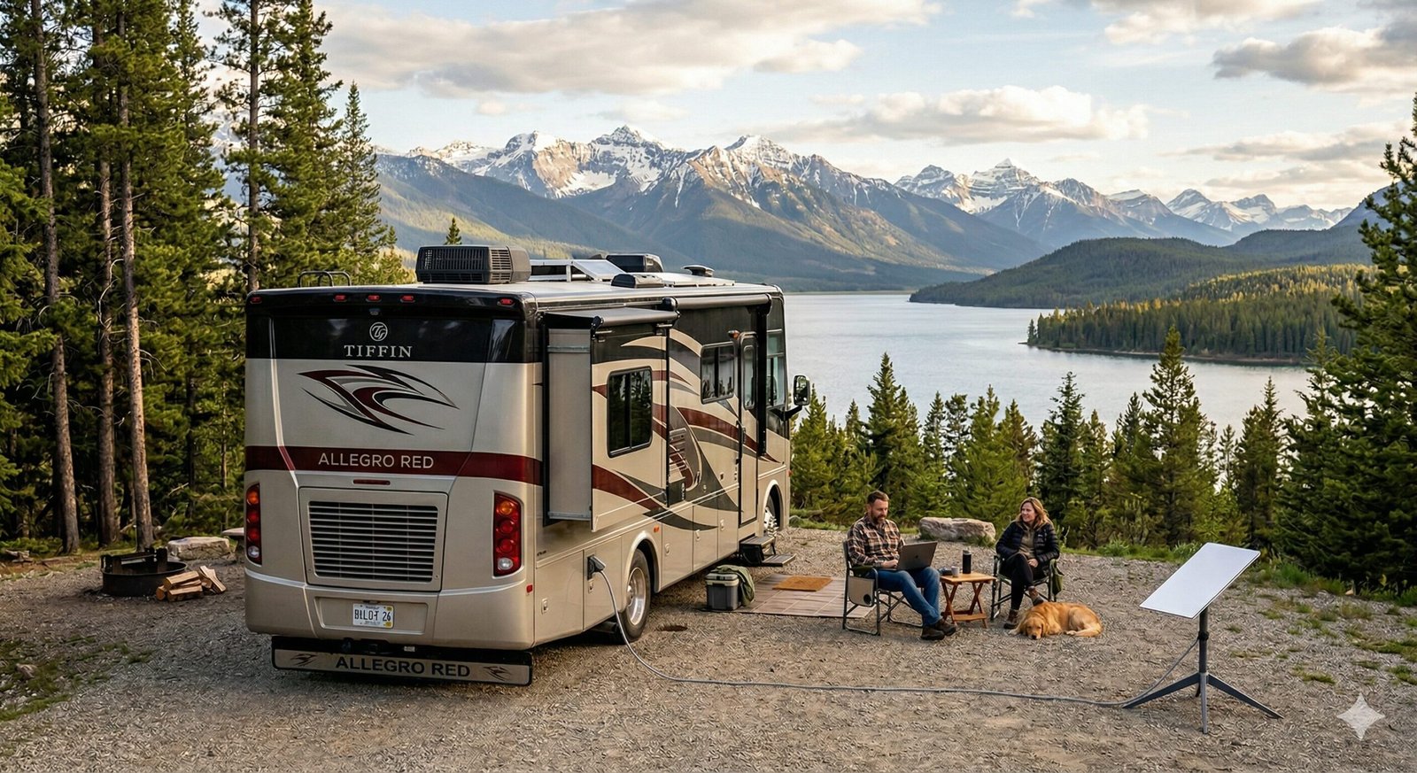 Modern RV internet system with satellite dish and roof-mounted cellular antenna at a scenic campsite.