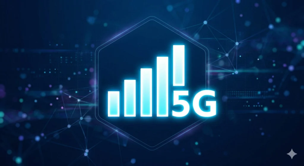 The RV Info Guide blog writerCustom GemThe RV Info Guide blog writer saidA luminous, glowing cyan-blue cellular signal icon with full vertical bars and the text '5G' is centered against a dark, high-tech abstract network background featuring interconnected nodes and light trails, illustrating high-speed connectivity for an RV mobile 5G hotspot.