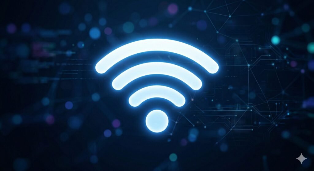 A luminous, glowing white and blue Wi-Fi signal icon is centered on a sophisticated, dark digital data visualization background, which features interconnected nodes, network light trails, abstract circuitry patterns, and luminous bokeh particles.