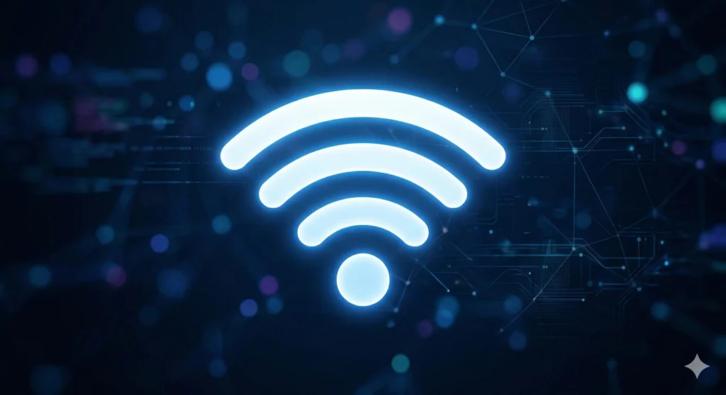 A luminous, glowing white and blue Wi-Fi signal icon is centered on a sophisticated, dark digital data visualization background, which features interconnected nodes, network light trails, abstract circuitry patterns, and luminous bokeh particles.