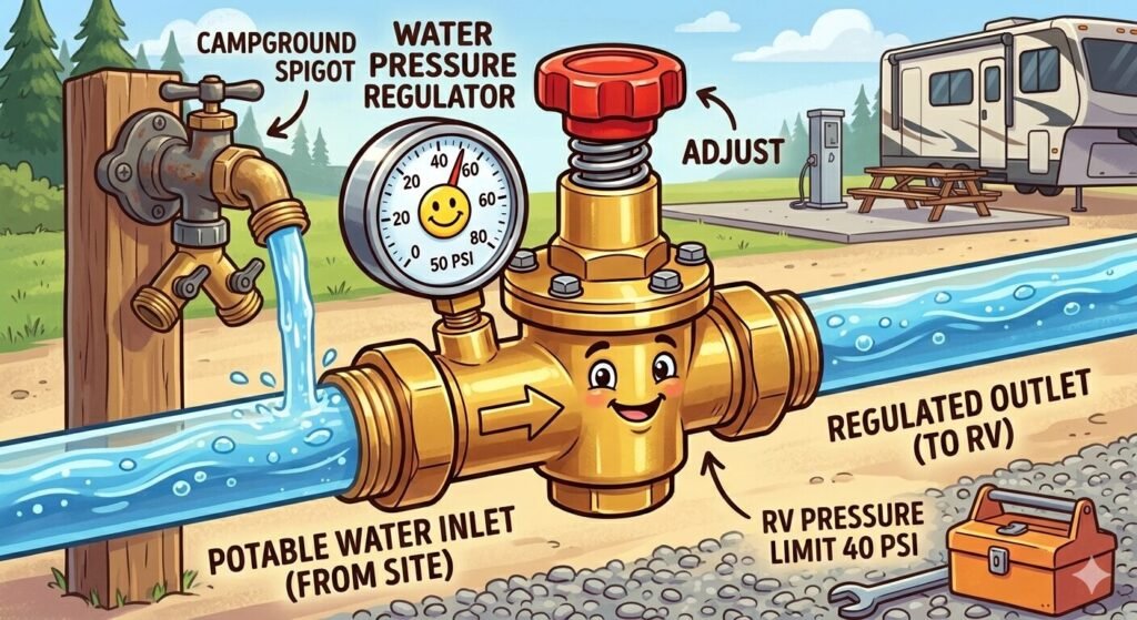 RV water hookup diagram showing campground spigot connected to brass water pressure regulator, inline water filter, and blue drinking water hose