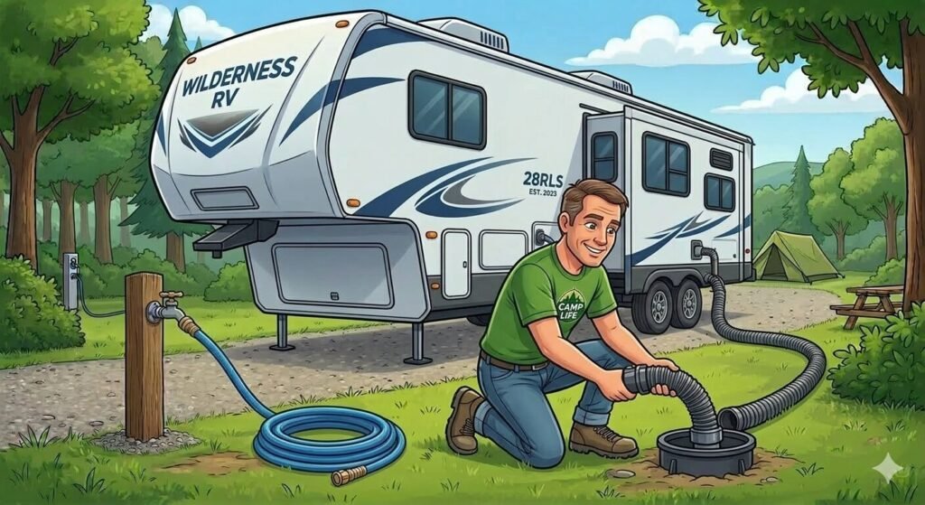 Cartoon illustration of a man connecting an RV sewer hose from the driver’s side sewer outlet to a campground sewer inlet in the ground using a hose support.
