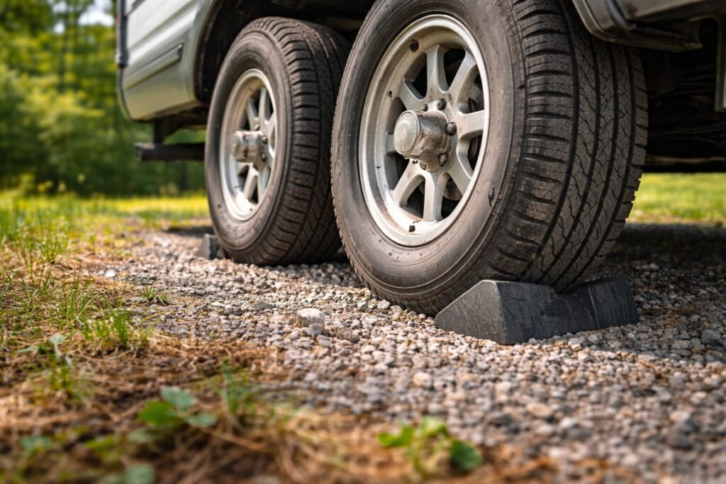 Close-up of RV tires on gravel campsite showing how RV wheel chocks work