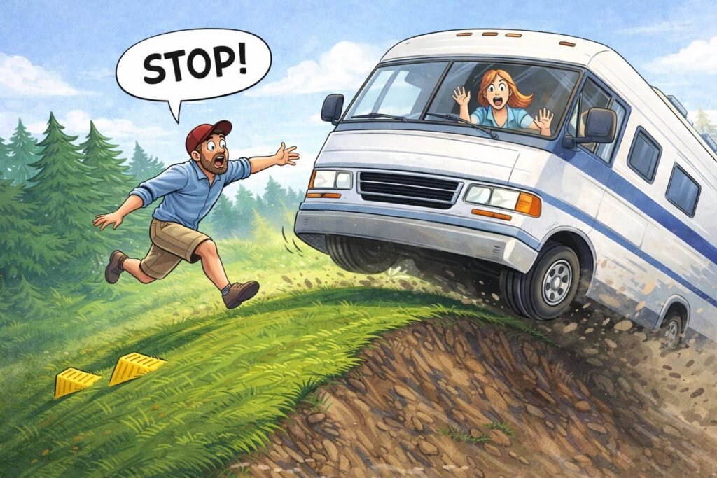 Funny cartoon of an RV rolling downhill while a man chases it and a woman sits inside, illustrating why RV wheel chocks are essential for preventing RV movement at campsites.