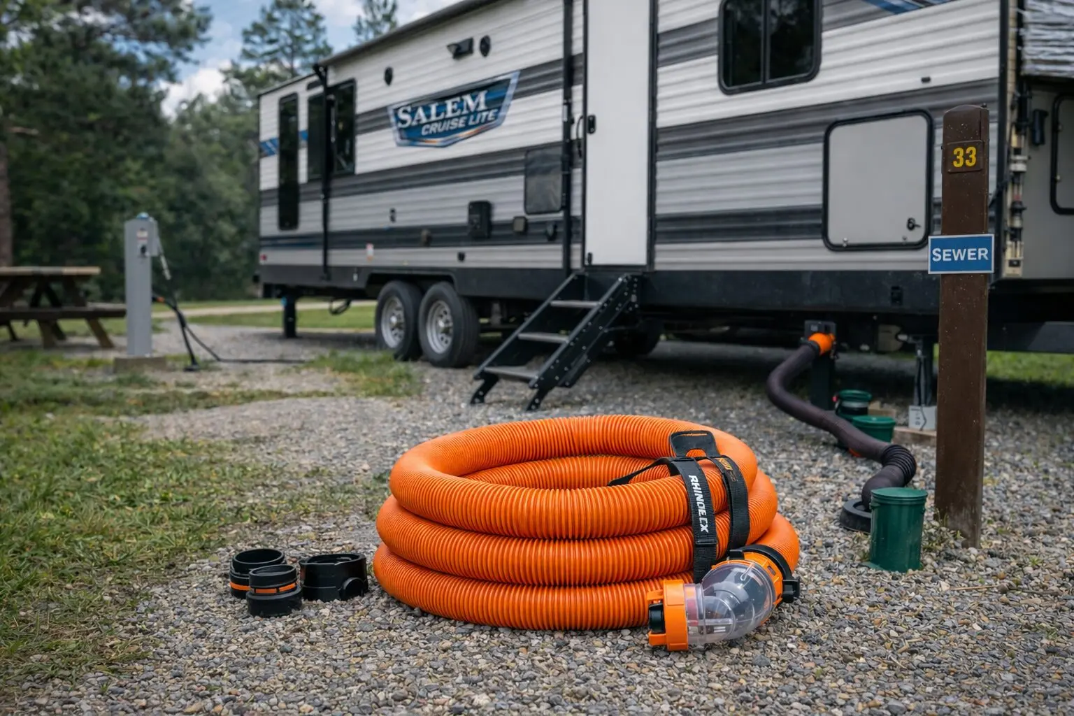 Best RV sewer hose coiled on gravel at a campsite with a travel trailer in the background and campground sewer hookup visible.