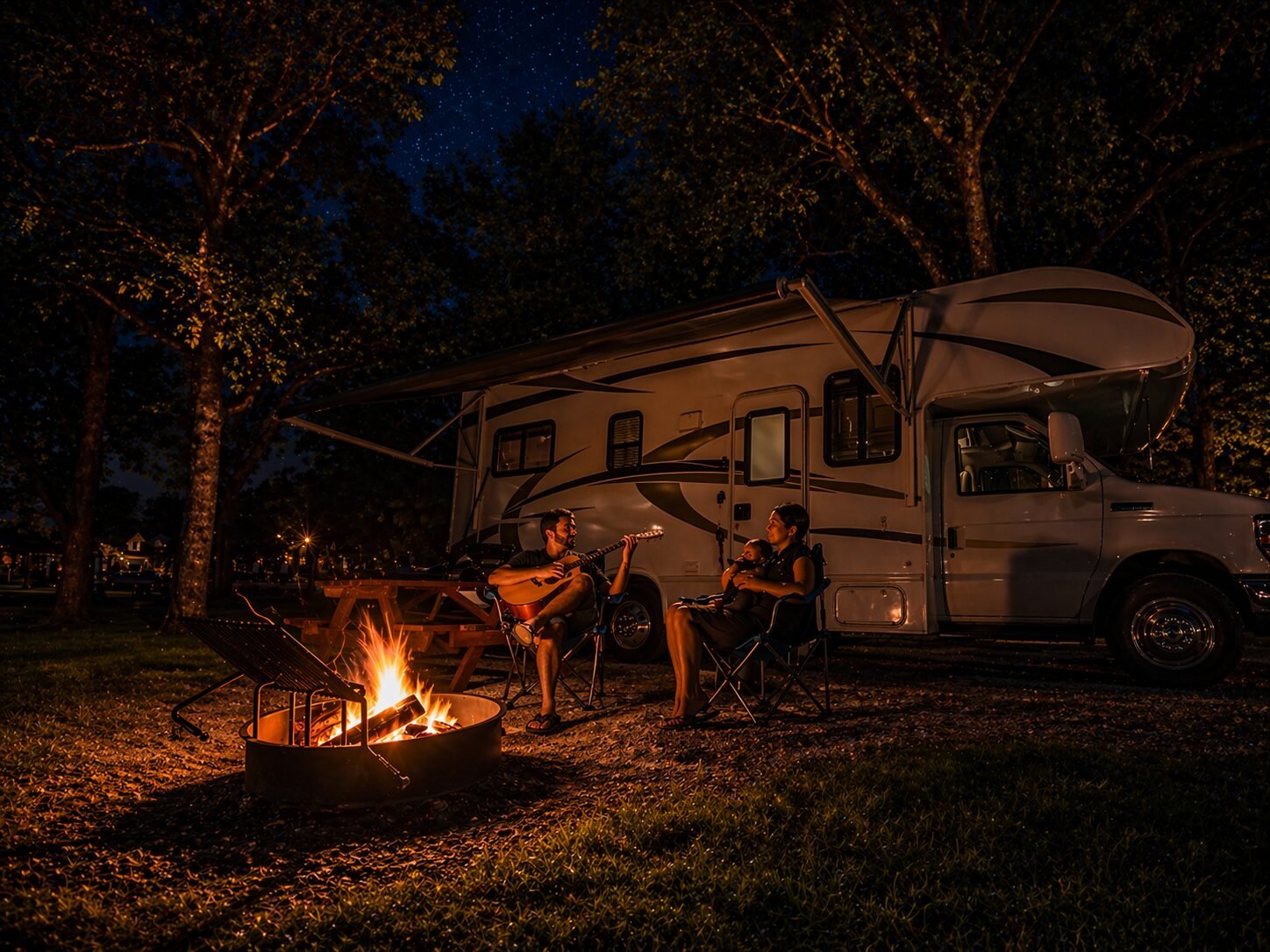 First night in an RV with a family sitting around a campfire at a quiet wooded campsite, firelight illuminating the RV and trees under a dark sky