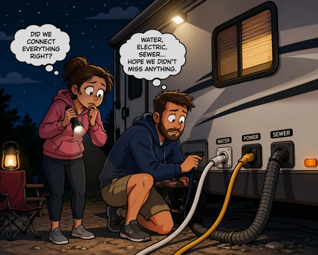 First night in an RV with a couple nervously double checking water, electric, and sewer connections at a campsite at night