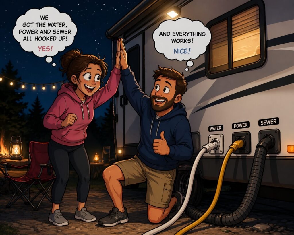 First Night in an RV: What to Expect (Beginner Tips No One Tells You) 2 First night in an RV as a happy couple celebrates successfully hooking up water, electric, and sewer connections at a campsite at night