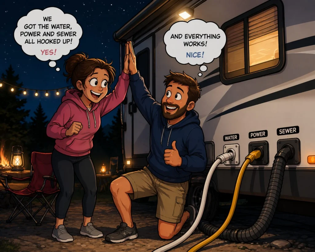 First night in an RV as a happy couple celebrates successfully hooking up water, electric, and sewer connections at a campsite at night