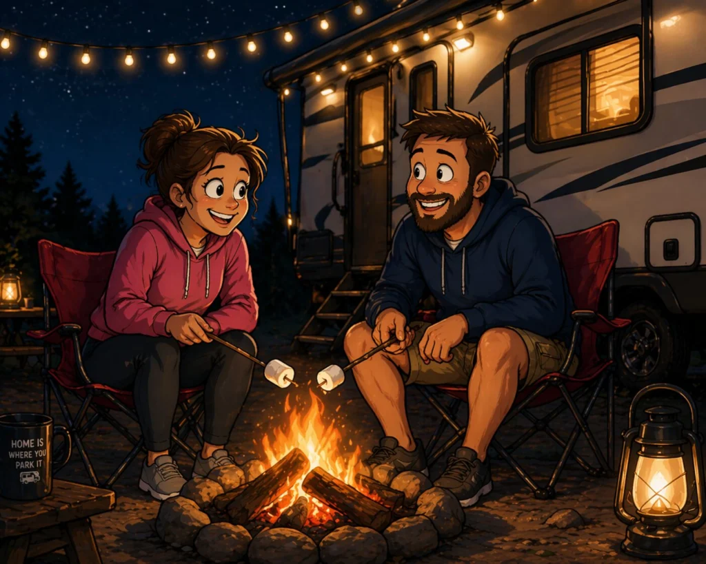 First night in an RV as a couple relaxes by the campfire roasting marshmallows outside their travel trailer at a peaceful campsite at night