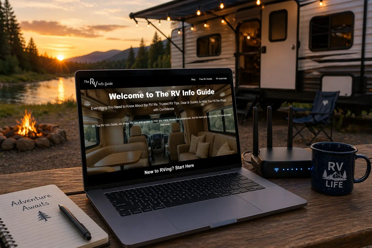best rv internet router setup with laptop showing RV Info Guide homepage at campsite