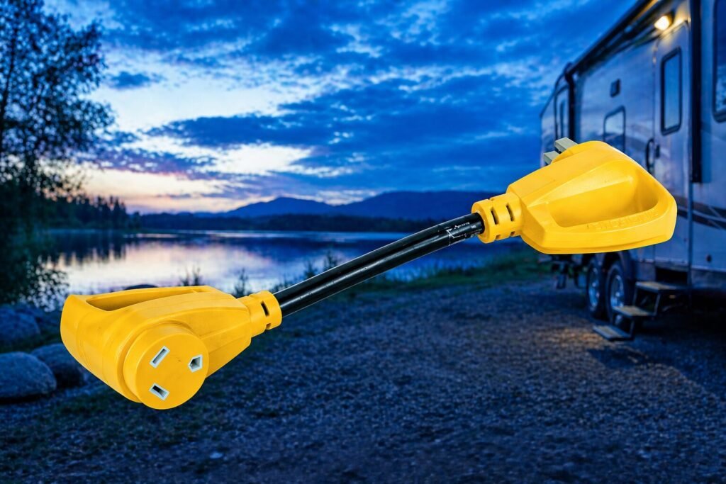 RV power adapter dogbone cable in bright yellow placed in a blue-toned lakeside campsite at dusk, showing 30 amp to 50 amp RV electrical adapter used for campground hookups