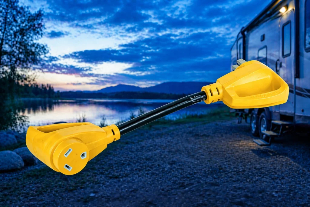 RV power adapter dogbone cable in bright yellow placed in a blue-toned lakeside campsite at dusk, showing 30 amp to 50 amp RV electrical adapter used for campground hookups