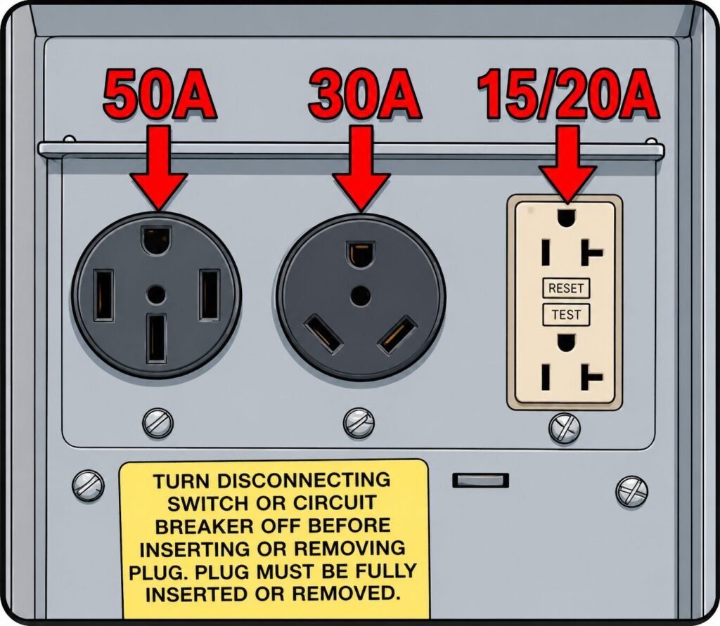 RV power pedestal cartoon showing 50 amp, 30 amp, and 15/20 amp outlets with labeled arrows, simplified campground electrical hookup illustration for beginners learning RV power connections